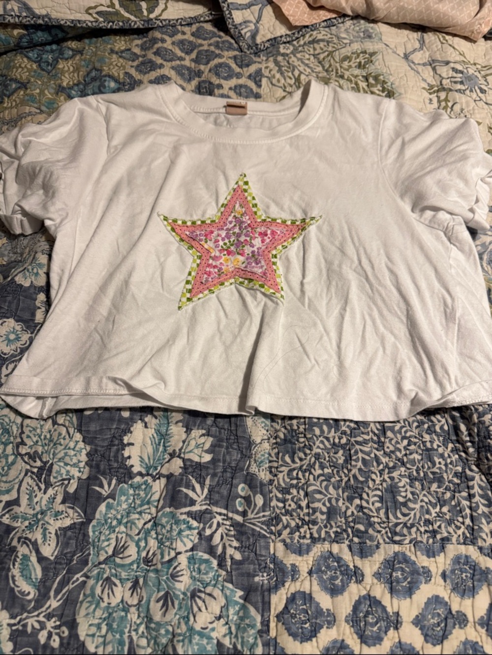 Girls White Short Sleeve Tee with Pink Star Appliqué